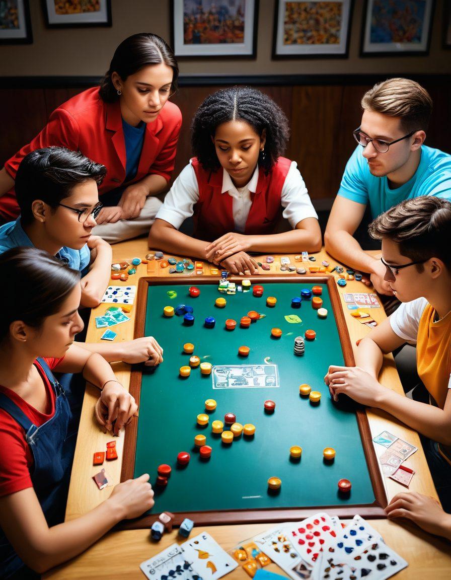 A vibrant scene featuring a group of diverse players engaged in an intense game of Sad Go Stop, surrounded by colorful cards and intricate game pieces. The ambiance should evoke a sense of strategy and competition, with expressions of concentration and excitement on the players' faces. Background elements can include game tutorials and rule charts to emphasize the learning aspect. The overall color scheme should be bright and engaging. vector art. vibrant colors.