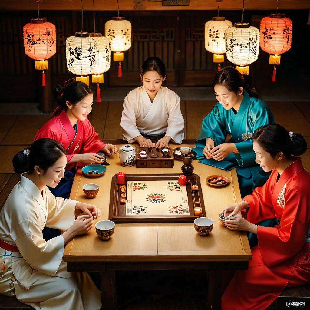 A vibrant scene depicting a group of friends gathered around a traditional Korean table, playing Go Stop with colorful cards spread out. The background shows elements of Korean culture such as lanterns and a tea set, adding to the ambiance. Expressions of concentration and excitement are visible on their faces as they strategize together. Soft, warm lighting enhances the inviting atmosphere. super-realistic. vibrant colors. traditional Korean style.